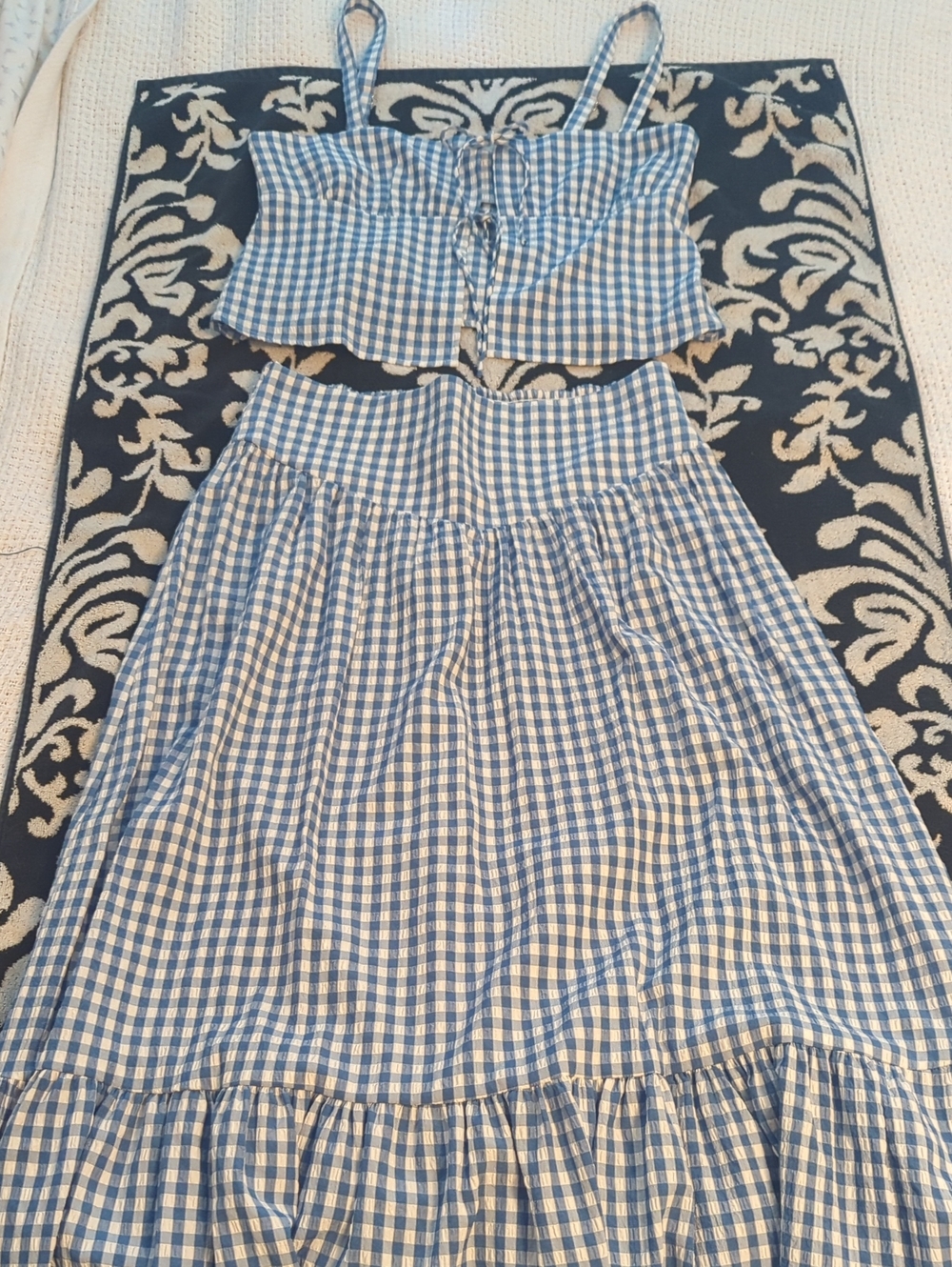 wild fable Blue & White Gingham Two Piece Set Crop Tie Tank Full Length Skirt S